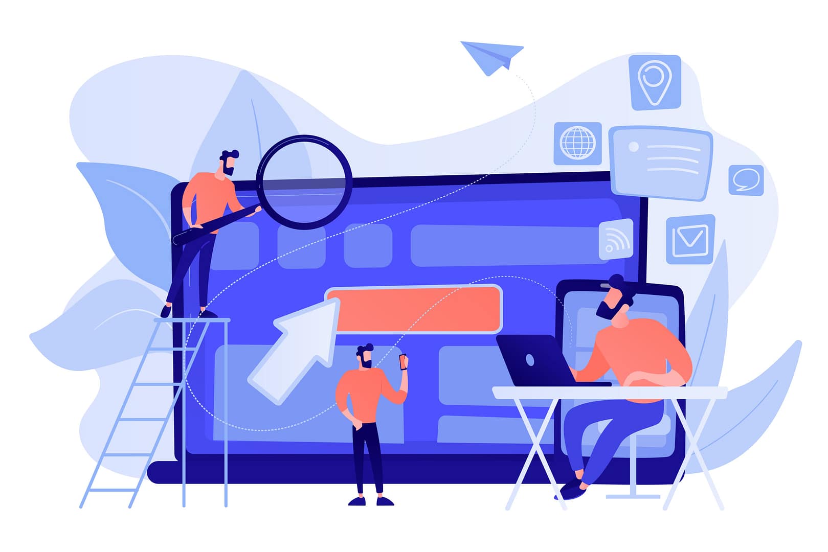 IT specialist identify user across mobile, laptop and tablet. Cross-device tracking and capability, cross-device using concept on white background. Pinkish coral bluevector isolated illustration